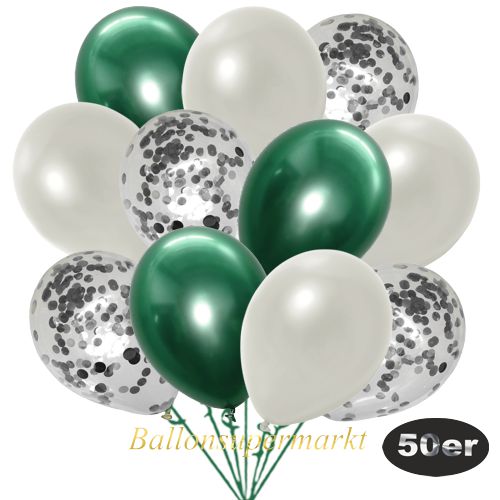 Partydeko Luftballon Set 50er, konfetti-luftballons-50-stueck-silber-konfetti-und-metallic-weiss-chrome-gruen-30-cm