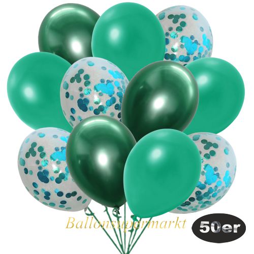 Partydeko Luftballon Set 50er, konfetti-luftballons-50-stueck-tuerkis-konfetti-und-metallic-tuerkisgruen-chrome-gruen-30-cm