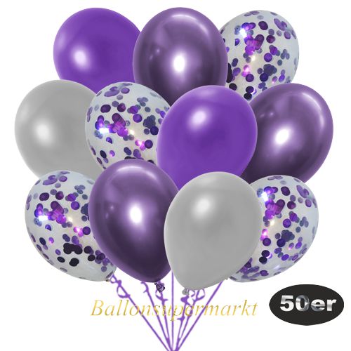 Partydeko Luftballon Set 50er, konfetti-luftballons-50-stueck-violett-konfetti-und-metallic-violett-metallic-silber-chrome-lila-30-cm