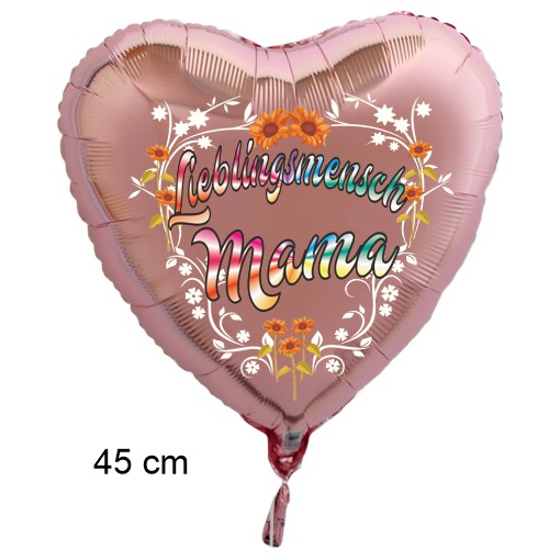 Lieblingsmensch Mama. Herzluftballon, Folie, rosegold, 45 cm