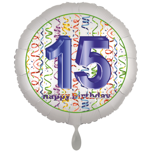 Folienballon, Luftballon zum 15. Geburtstag, Satin Weiss de luxe mit Helium