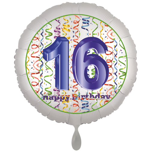 Folienballon, Luftballon zum 16. Geburtstag, Satin Weiss de luxe mit Helium