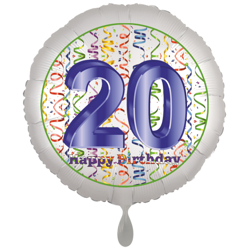 Folienballon, Luftballon zum 20. Geburtstag, Satin Weiss de luxe mit Helium