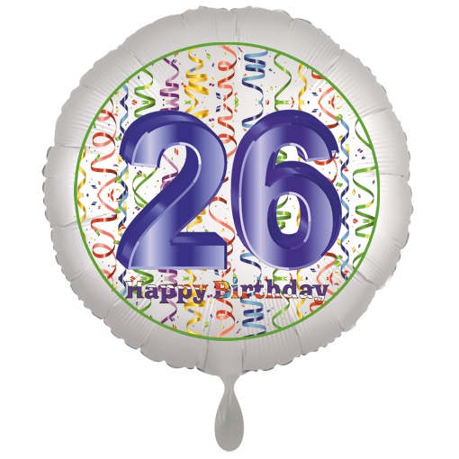 Folienballon, Luftballon zum 26. Geburtstag, Satin Weiss de luxe mit Helium