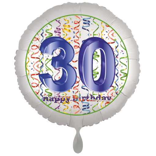 Folienballon, Luftballon zum 30. Geburtstag, Satin Weiss de luxe mit Helium