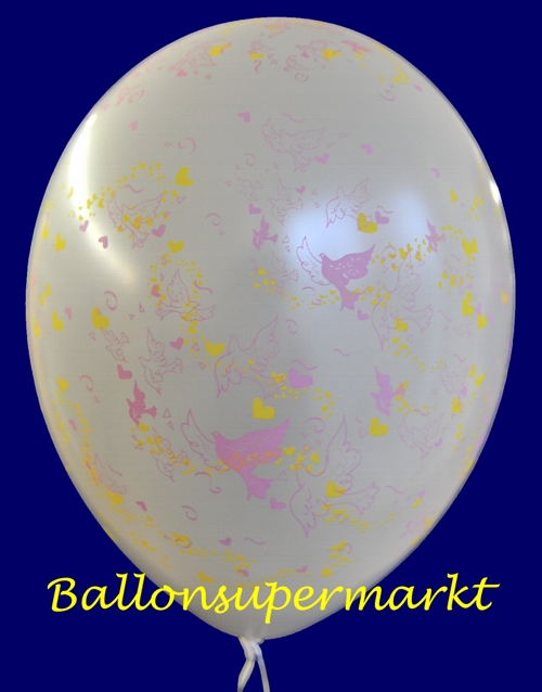 Luftballon zur Hochzeit, Latexballon weiß, mit Hochzeitstauben und Herzen