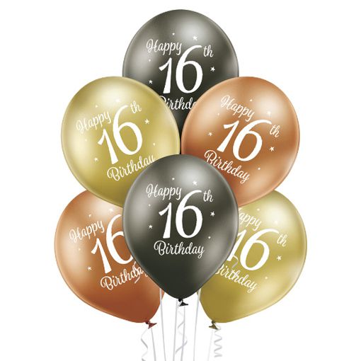 Luftballons Happy 16th Birthday, 16. Geburtstag, Gold, Anthrazit, Kupfer, Chrome