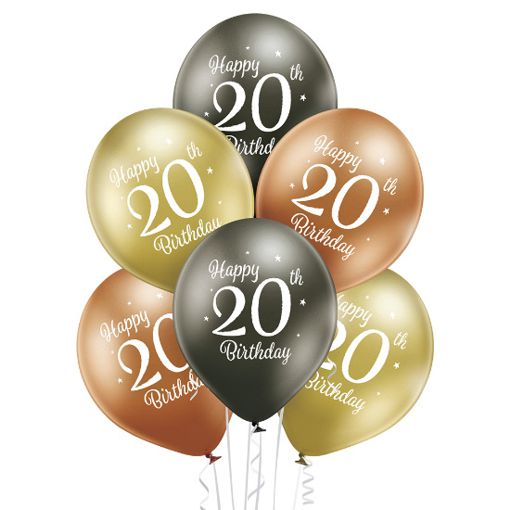 Luftballons Happy 20th Birthday, 20. Geburtstag, Gold, Anthrazit, Kupfer, Chrome