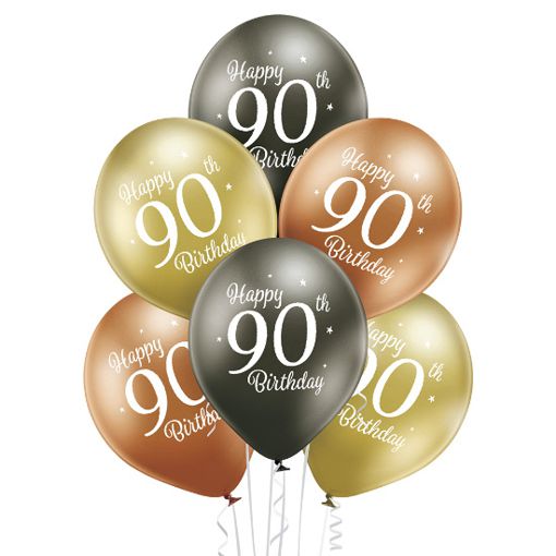 Luftballons Happy 90th Birthday, 90. Geburtstag, Gold, Anthrazit, Kupfer, Chrome