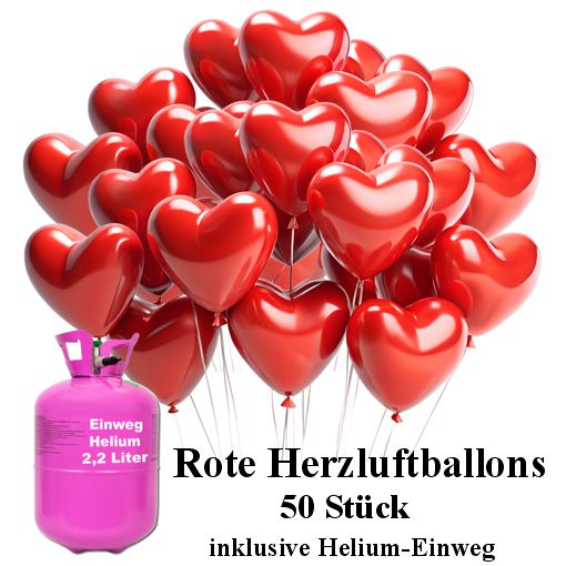 50 rote Herzballons zur Hochzeit mit dem Helium-Einwegbehälter