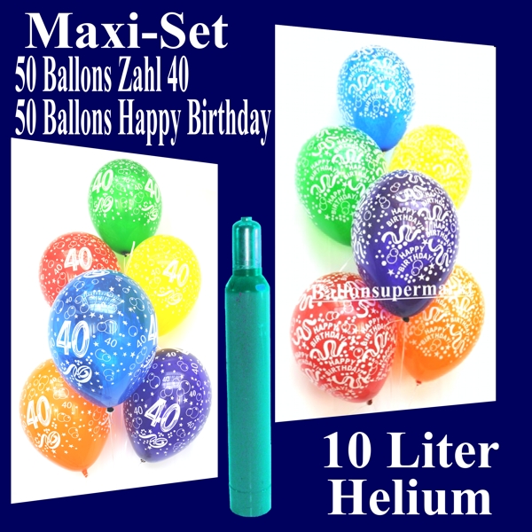 Luftballons zum 40. Geburtstag, Ballons und Helium Set, 50 Luftballons Zahl 40 und 50 Luftballons Happy Birthday inklusive 10 Liter Heliumflasche