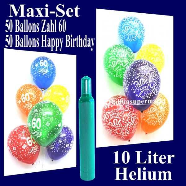 Luftballons zum 60. Geburtstag, Ballons und Helium Set, 50 Luftballons Zahl 60 und 50 Luftballons Happy Birthday inklusive 10 Liter Heliumflasche