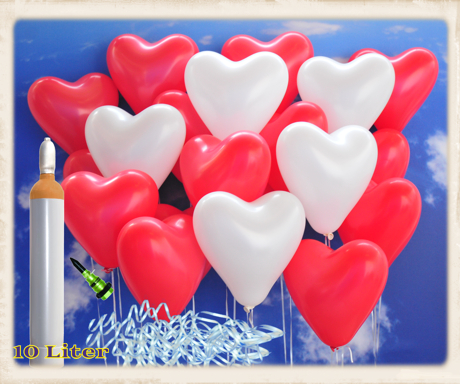 Luftballons zur Hochzeit steigen lassen, 100 rote und weiße Herzluftballons, 10 Liter Helium Ballongas, Komplett-Set