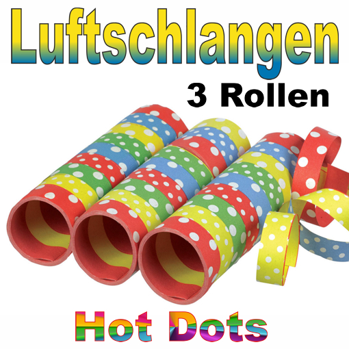 Luftschlangen Hot Dots, Papierschlangen mit bunten Streifen und weißen Punkten