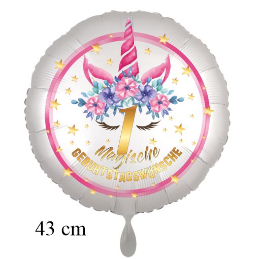 Magische Geburtstagswünsche, Unicorn Flower Luftballon aus Folie, Satin de Luxe, weiß, 1. Geburtstag
