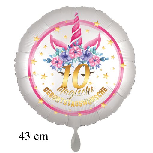 Magische Geburtstagswünsche, Unicorn Flower Luftballon aus Folie, Satin de Luxe, weiß, 10. Geburtstag