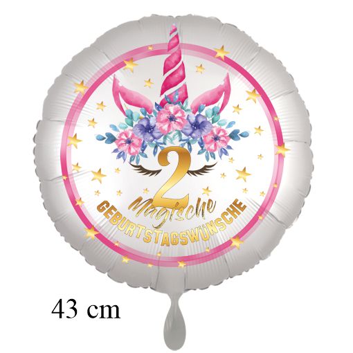 Magische Geburtstagswünsche, Unicorn Flower Luftballon aus Folie, Satin de Luxe, weiß, 2. Geburtstag
