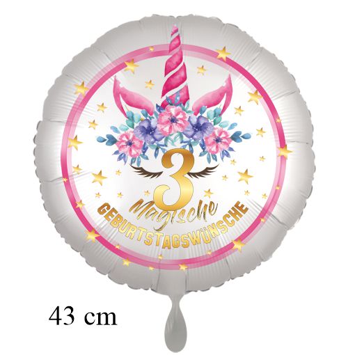 Magische Geburtstagswünsche, Unicorn Flower Luftballon aus Folie, Satin de Luxe, weiß, 3. Geburtstag