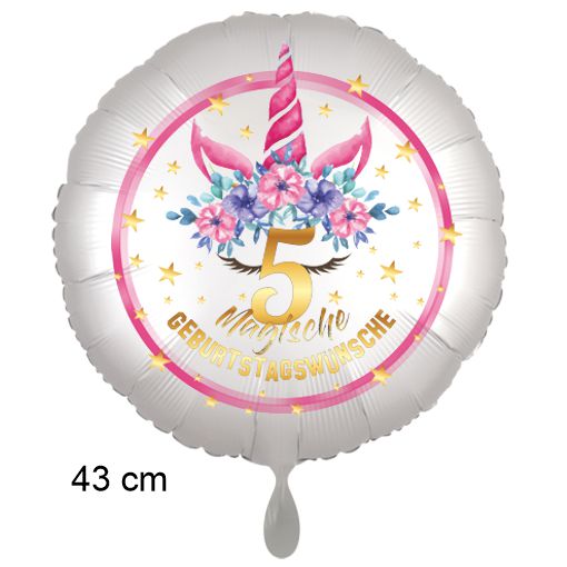 Magische Geburtstagswünsche, Unicorn Flower Luftballon aus Folie, Satin de Luxe, weiß, 5. Geburtstag