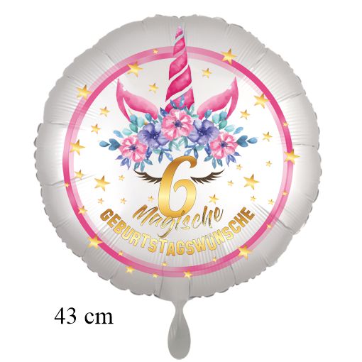 Magische Geburtstagswünsche, Unicorn Flower Luftballon aus Folie, Satin de Luxe, weiß, 6. Geburtstag