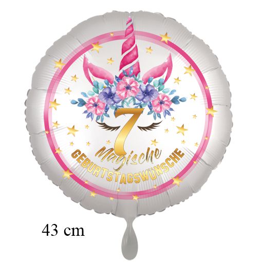 Magische Geburtstagswünsche, Unicorn Flower Luftballon aus Folie, Satin de Luxe, weiß, 7. Geburtstag