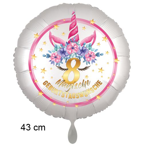 Magische Geburtstagswünsche, Unicorn Flower Luftballon aus Folie, Satin de Luxe, weiß, 8. Geburtstag
