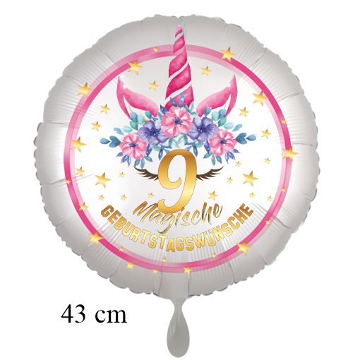 Magische Geburtstagswünsche, Unicorn Flower Luftballon aus Folie, Satin de Luxe, weiß, 9. Geburtstag