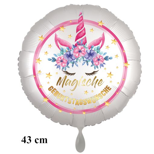 Magische Geburtstagswünsche, Unicorn Flower Luftballon aus Folie, Satin de Luxe, weiß
