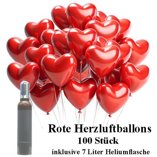 100 rote Herzluftballons mit 7 Liter Ballongasflasche