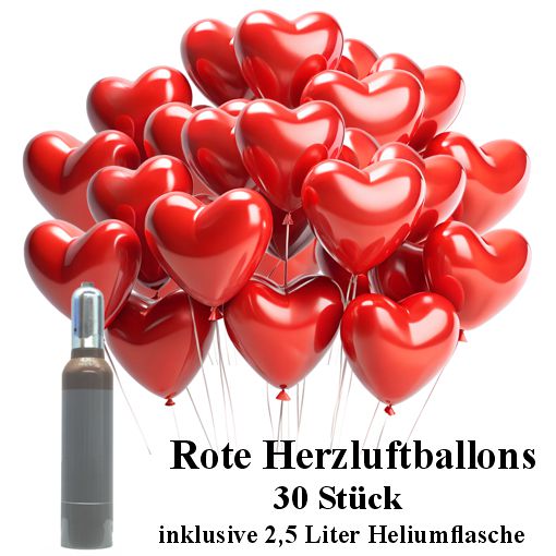 30 rote Herzballons mit 2,5 Liter Helium im Set