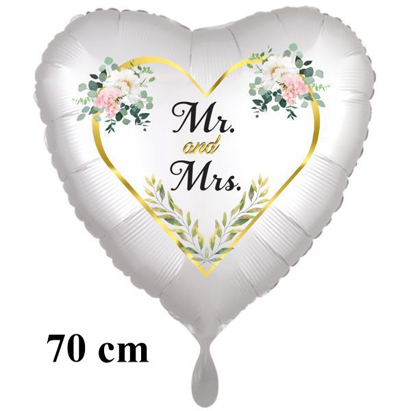 Großer Folienballon ohne Helium: Mr. and Mrs. Golden Heart and Flowers