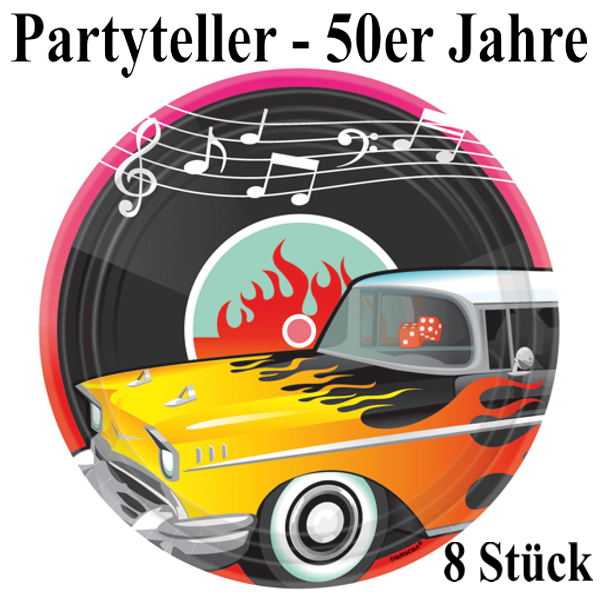 50er Jahre Partyteller, Partydekoration Mottoparty Fifties, 8 Pappteller für Tisch und Tafel