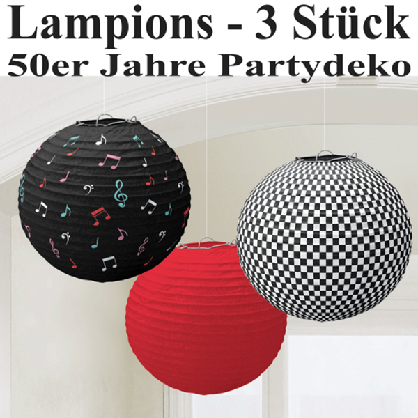 50er Jahre Lampions, Partydekoration Mottoparty Fifties, 3 Stück