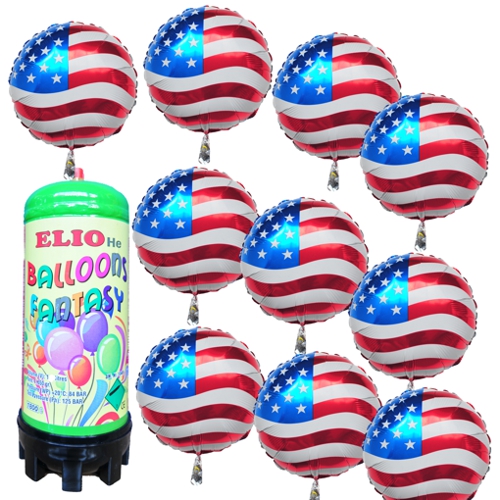 Luftballons Helium Einweg Set, 10 Folienballons USA Flagge und 1 Liter Helium Einweg
