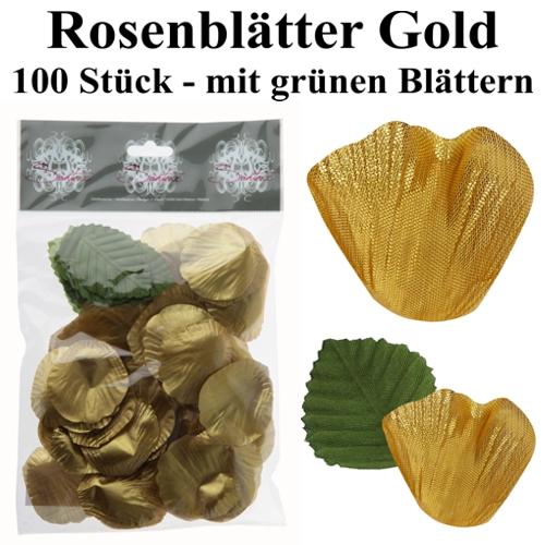 Rosenblätter in Gold mit grünen Blättern