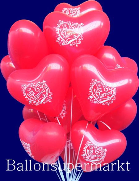 Rote Just Married Luftballons mit Ballongas, Ballontraube, Herzluftballons zur Hochzeit