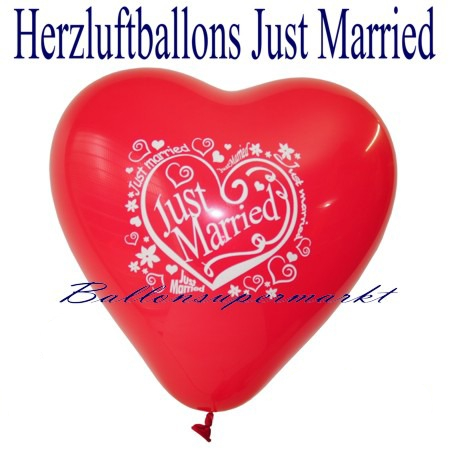 Roter Just Married Herzluftballon mit Helium zur Hochzeitsfeier