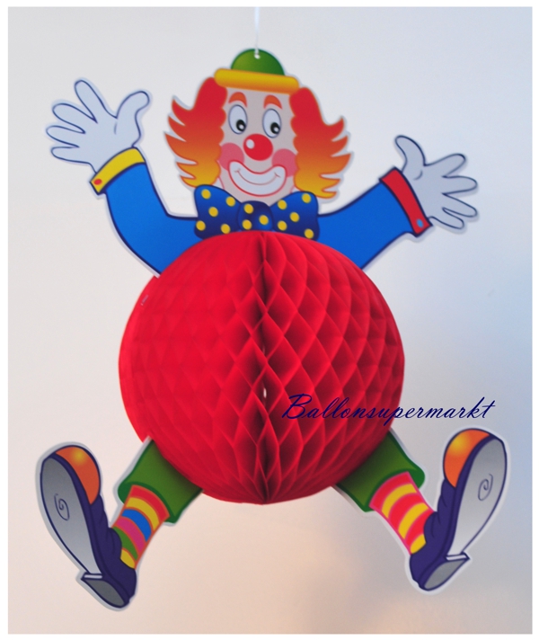 Roter Wabenball Clown, Festdekoration zum Aufhängen, Clowndekoration zu Karneval, Fasching, Kinderkarneval und Kinderparty