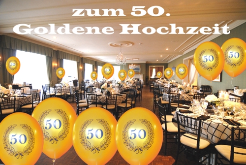 Saaldekoration Goldene Hochzeit, Zahl 50 Luftballons, Lorbeerkranz, mit Ballongas-Helium