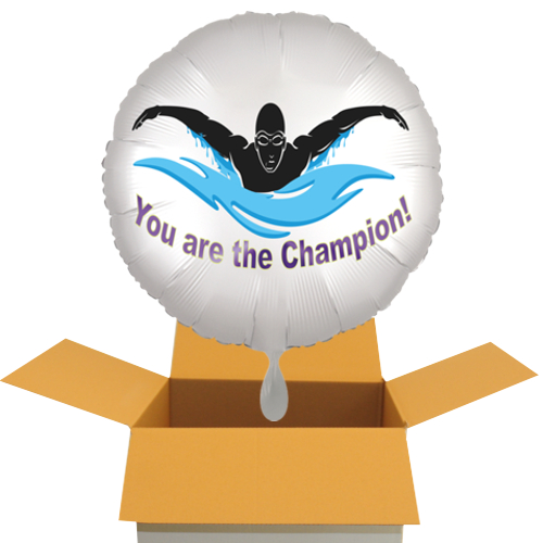 Schwimmen. You are the Champion! Runder Luftballon, satin-weiß, 70 cm mit Helium zum Versand