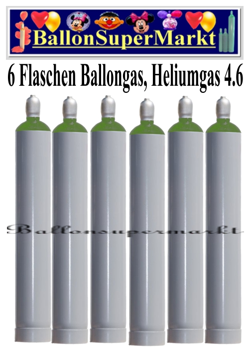 Sechs Flaschen Ballongas, 50 Liter, Helium 4.6, Ballonsupermarkt-Lieferservice NRW