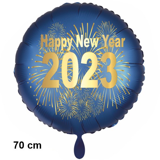 Großer Silvester Luftballon 2023 Feuerwerk, Satin de Luxe, blau, 70 cm