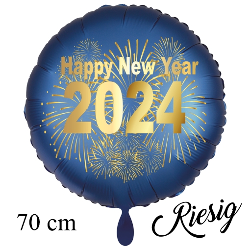Großer Silvester Luftballon 2024 Feuerwerk, Satin de Luxe, blau, 70 cm