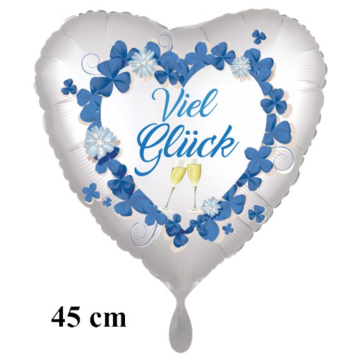 Silvester Herzluftballon Viel Glück, Satin de Luxe, weiß, 45 cm