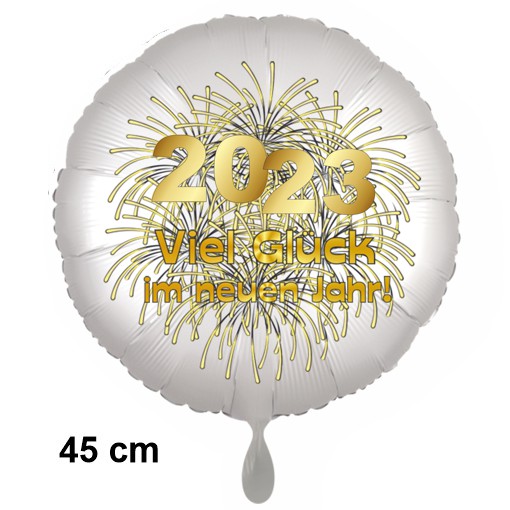 Silvester Luftballon 2023 "Viel Glück im neuen Jahr", Satin de Luxe, weiß, 45 cm