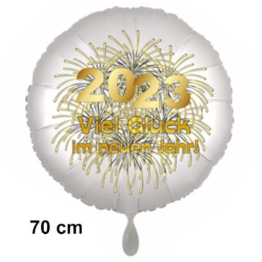Silvester Luftballon 2023 "Viel Glück im neuen Jahr", Satin de Luxe, weiß, 70 cm