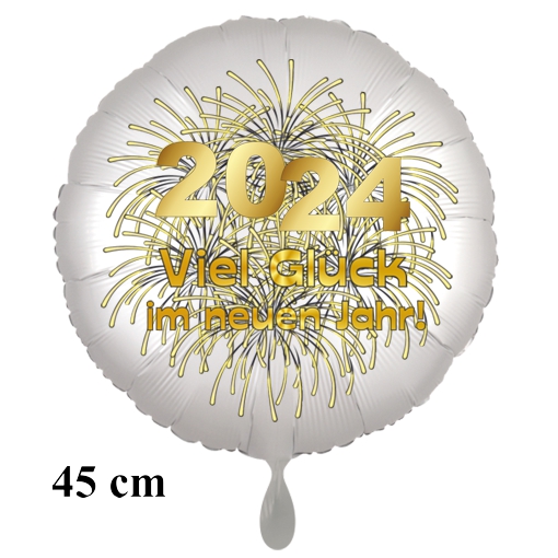 Silvester Luftballon 2024 "Viel Glück im neuen Jahr", Satin de Luxe, weiß, 45 cm