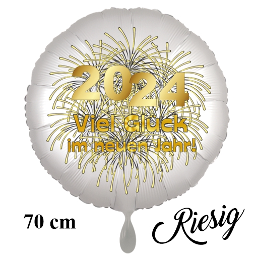 Silvester Luftballon 2024 "Viel Glück im neuen Jahr", Satin de Luxe, weiß, 70 cm