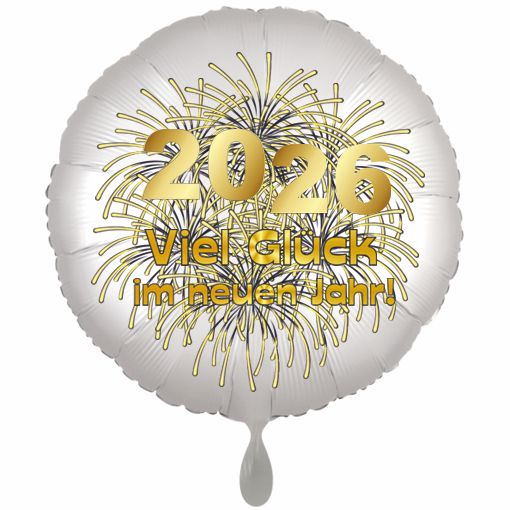 Silvester Luftballon 2026 "Viel Glück im neuen Jahr", Satin de Luxe, weiß, 70 cm