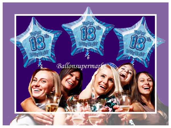 Sternballons Prismatik Blau zum 18. Geburtstag, Luftballons Sternenförmig mit Helium-Ballongas zur Geburtstagsparty